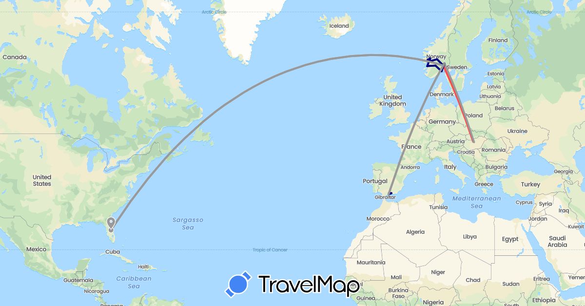 TravelMap itinerary: driving, plane, hiking in Spain, Hungary, Norway, United States (Europe, North America)