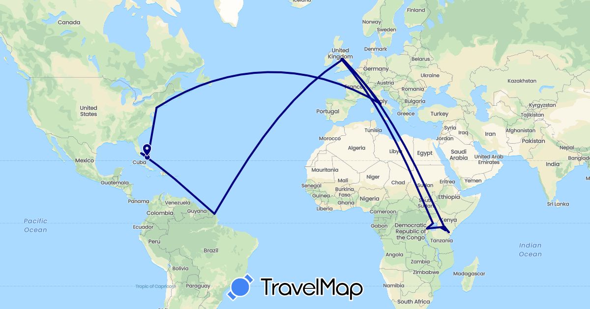 TravelMap itinerary: driving in Bahamas, Costa Rica, United Kingdom, Italy, Kenya, Rwanda, Uganda, United States (Africa, Europe, North America)