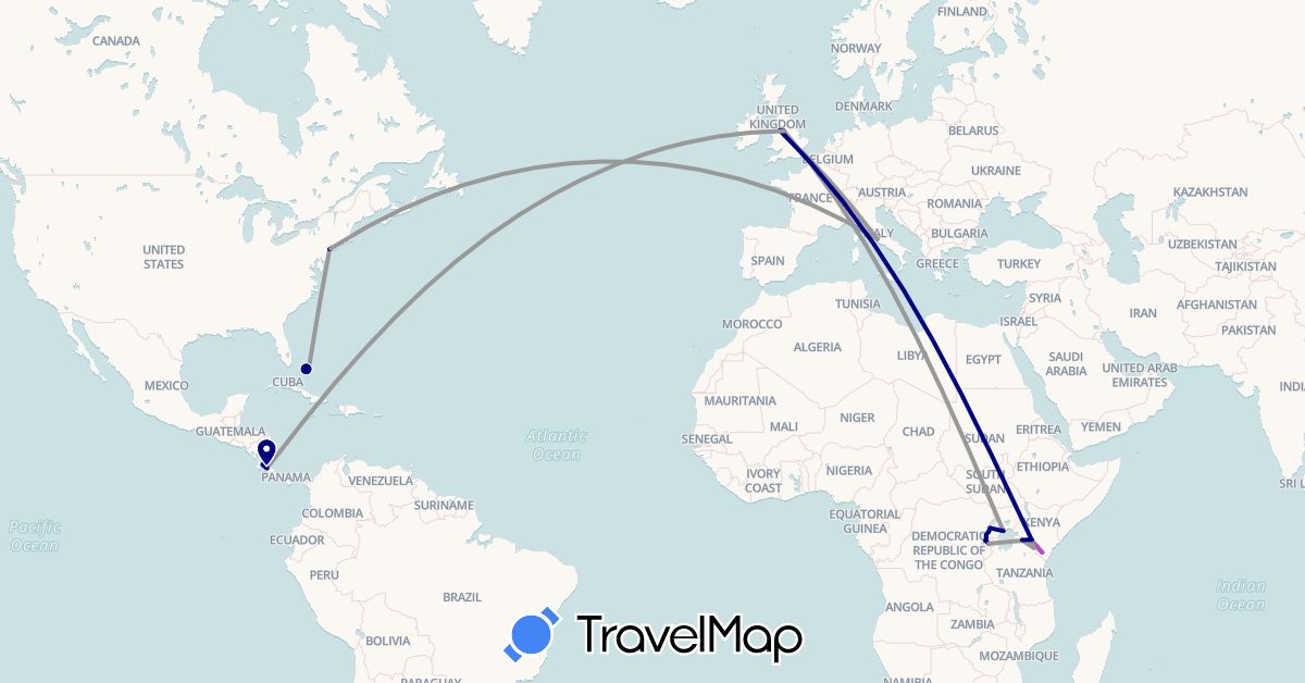 TravelMap itinerary: driving, plane, train in Bahamas, Costa Rica, United Kingdom, Italy, Kenya, Rwanda, Uganda, United States (Africa, Europe, North America)